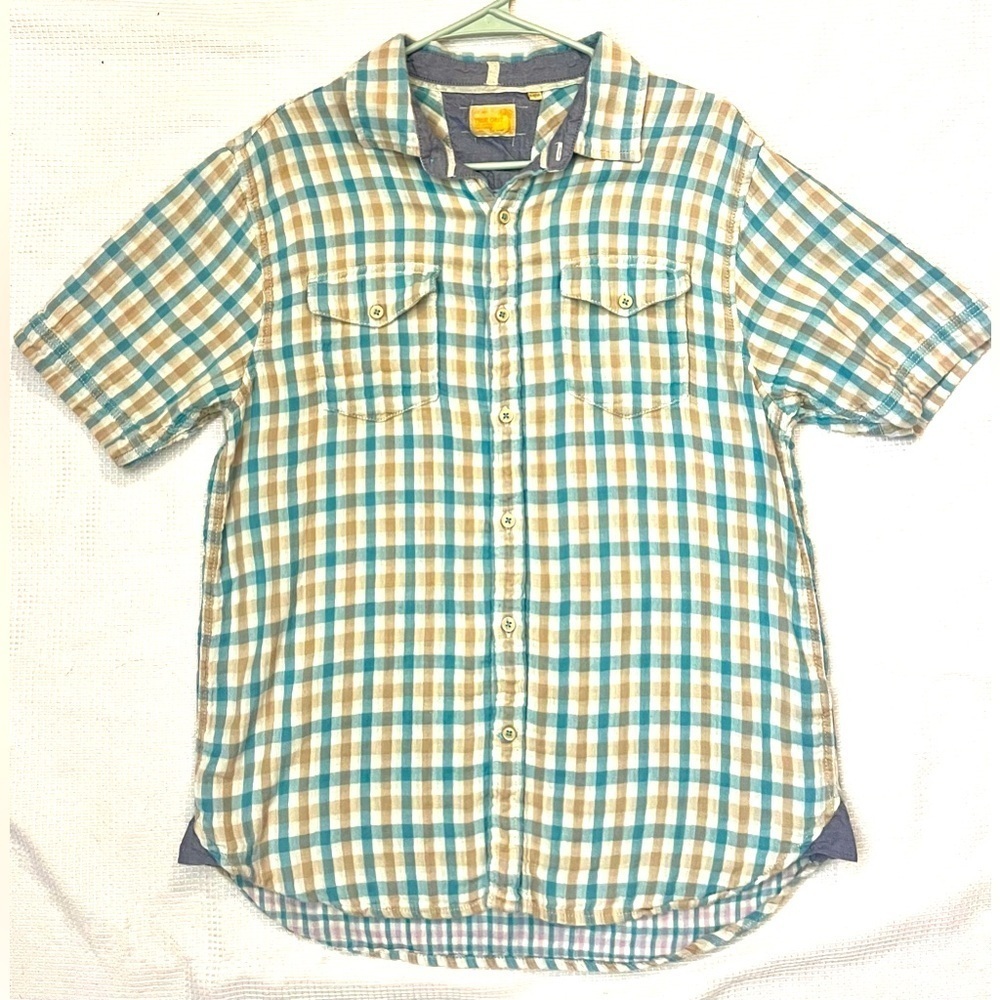 True Grit Men's Teal & Tan Plaid Button-Up Short Sleeve Shirt Size Large